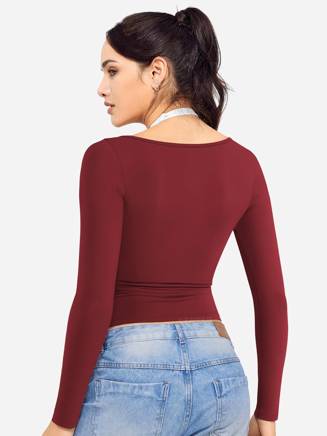 YEOREO Long Sleeve Workout Tops for Women Square Neck Slim Fitted Double Lined Compression Shirt Basic Casual Gym Yoga Tops - Image 2