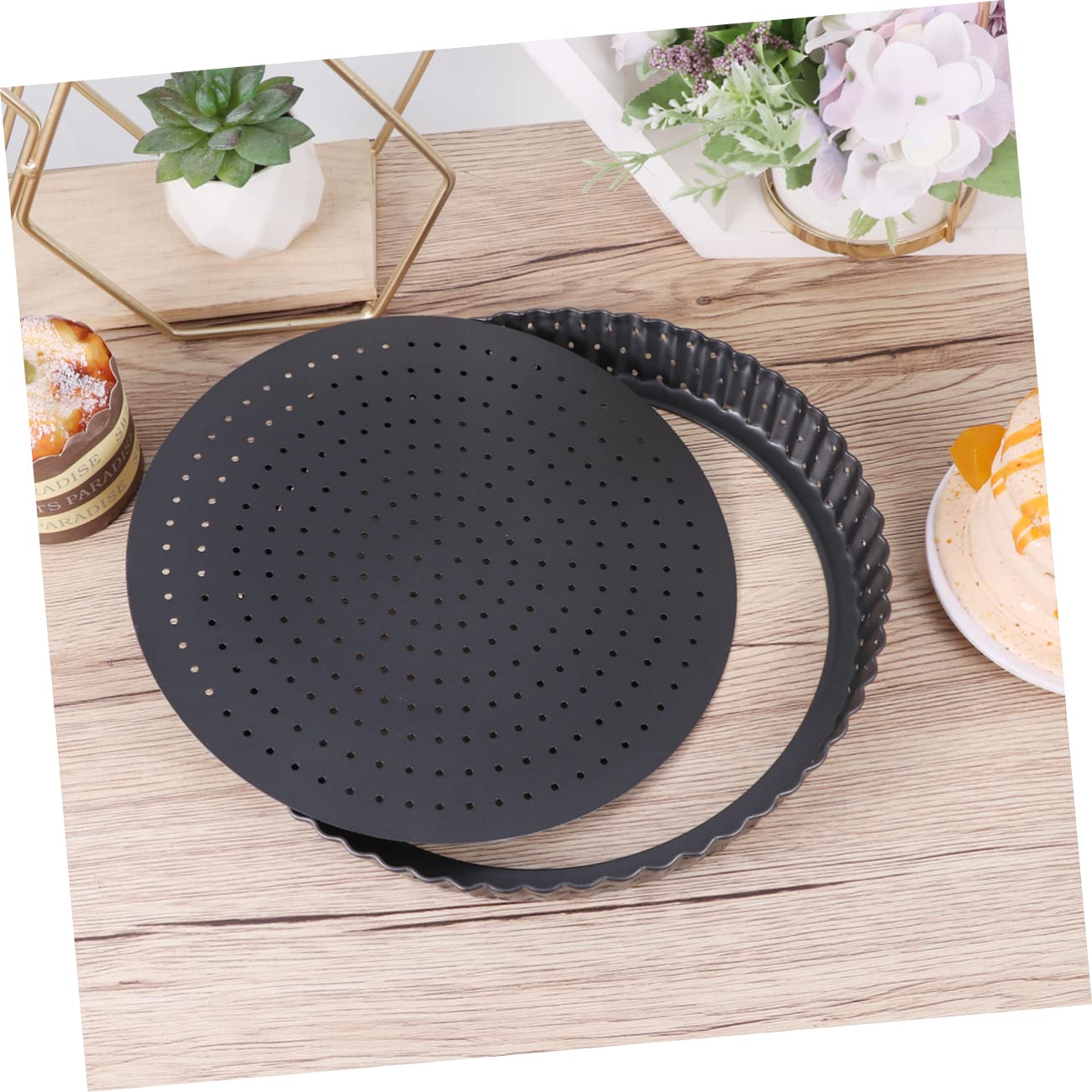 Teglia Tonda per Pizza in Acciaio al Carbonio con Fondo Removibile e Lati Scanalati, Teglia per Pizza con Fori Non Stick per Forno e Crostate