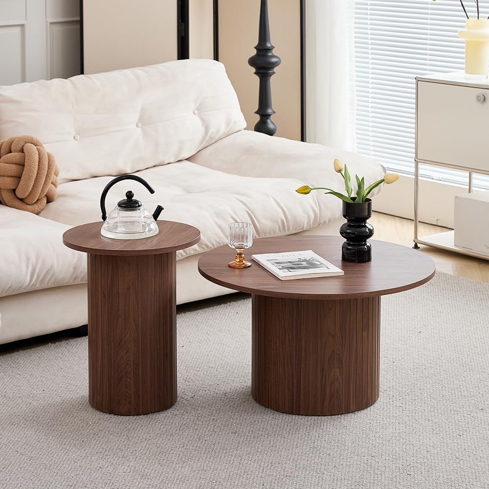 Set di 2 tavolini da caffè rotondi impilabili in stile tamburo per soggiorno, camera da letto, balcone, ufficio, stile moderno di metà secolo（venature del legno marrone）
