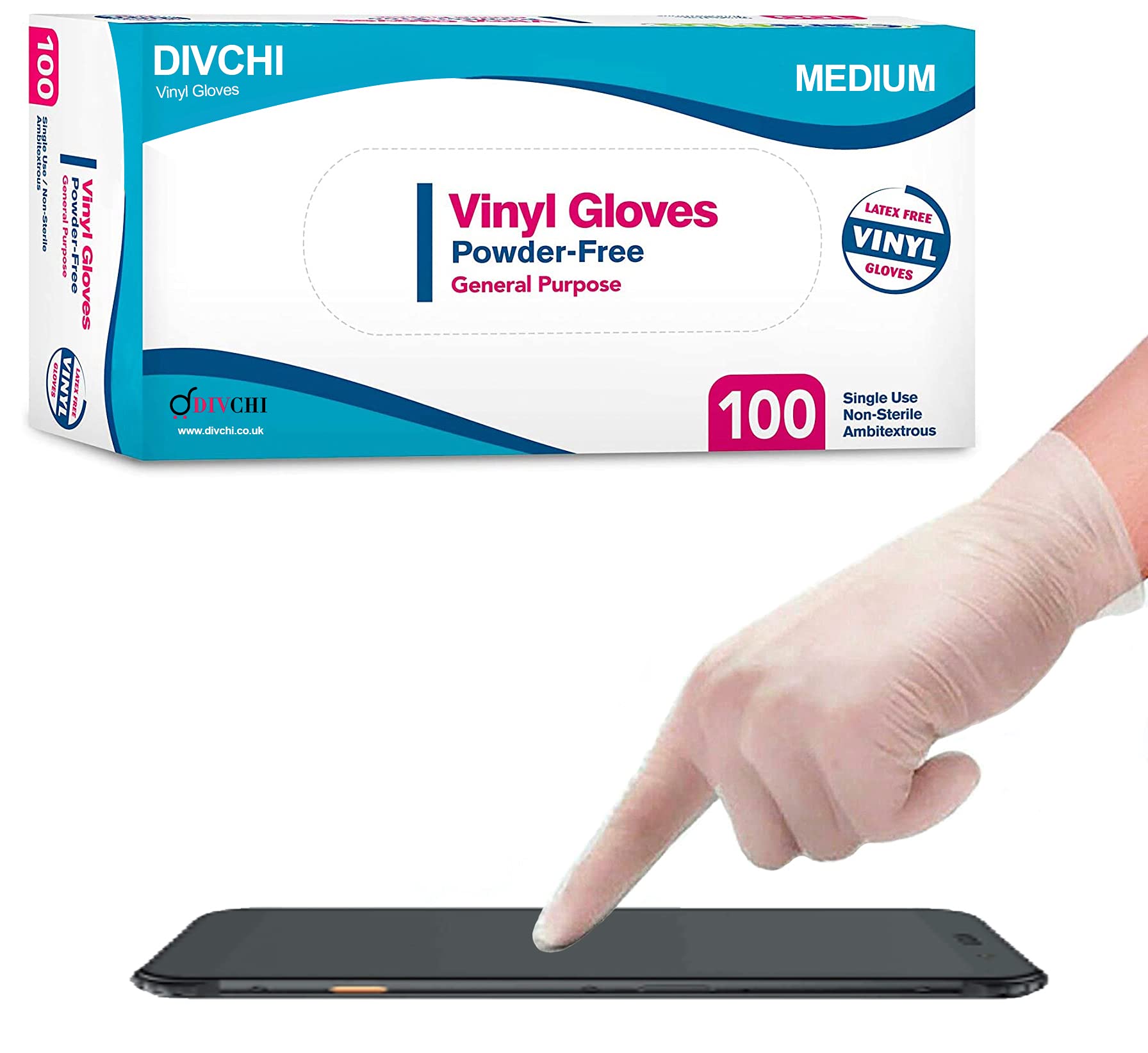 DIVCHI Disposable Gloves Latex-Free Clear Vinyl Gloves [100-Count] Powder-Free All-Purpose Gloves, Dispenser Box Gloves 100 Pieces - Medium Gloves (Pack of 100)