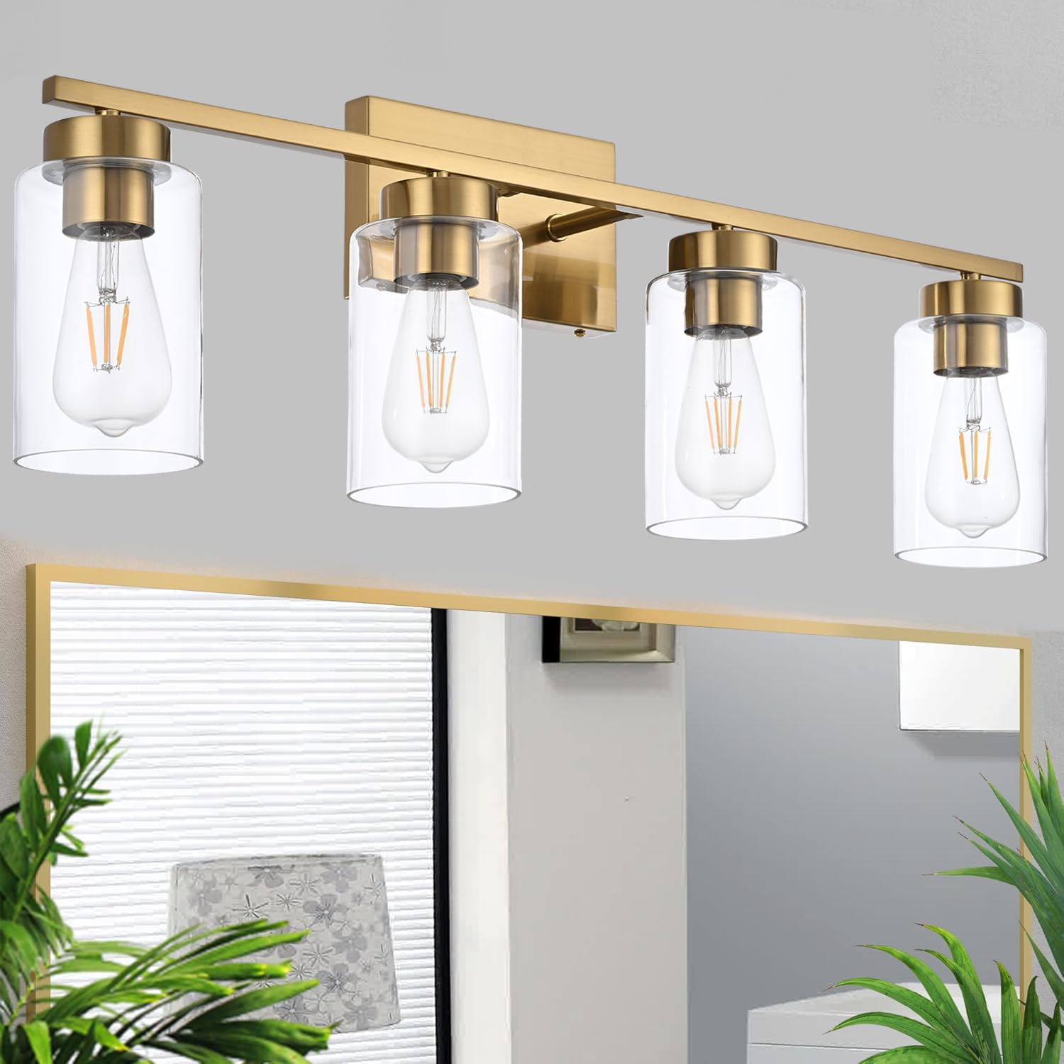 A1A9 4 Light Bathroom Vanity Light Fixtures, Brushed Brass Modern Wall Lights with Clear Glass Shade, Vintage Wall Sconce Lighting for Living Room,