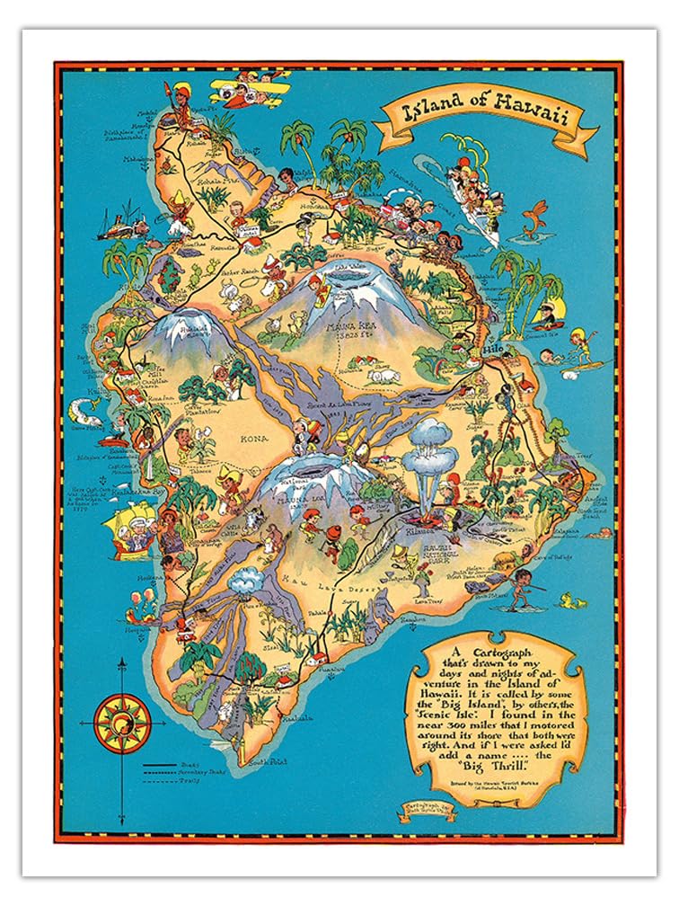 Amazon.com: 夏威夷島(大島)地圖- 夏威夷旅遊局- 復古夏威夷彩色地圖