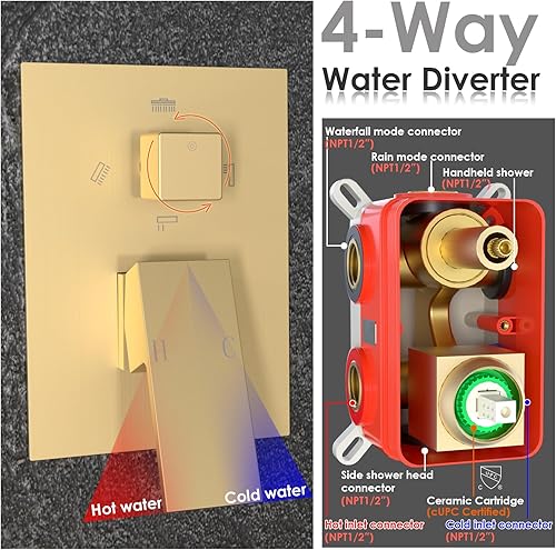 Miniatura 32 de Enga Sistema de ducha de lluvia de oro cepillado con chorros corporales, sistema de chorros de ducha de lluvia de 12 pulgadas, juego de grifo de Oro