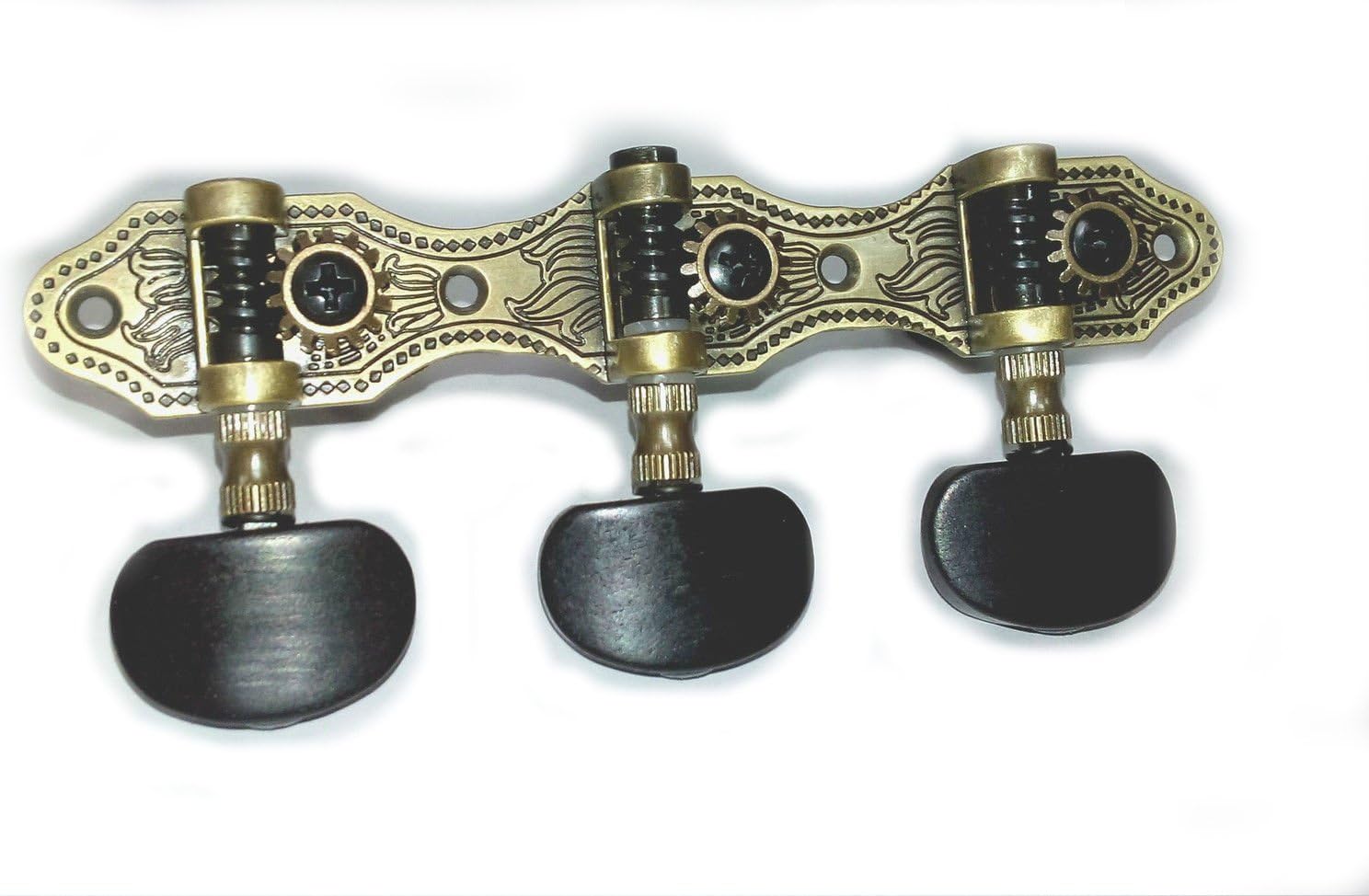 Generic Classical Guitar Machine Head 1right and 1left, Antique Brass Color Plated Surface, Black Post with Ebony Button