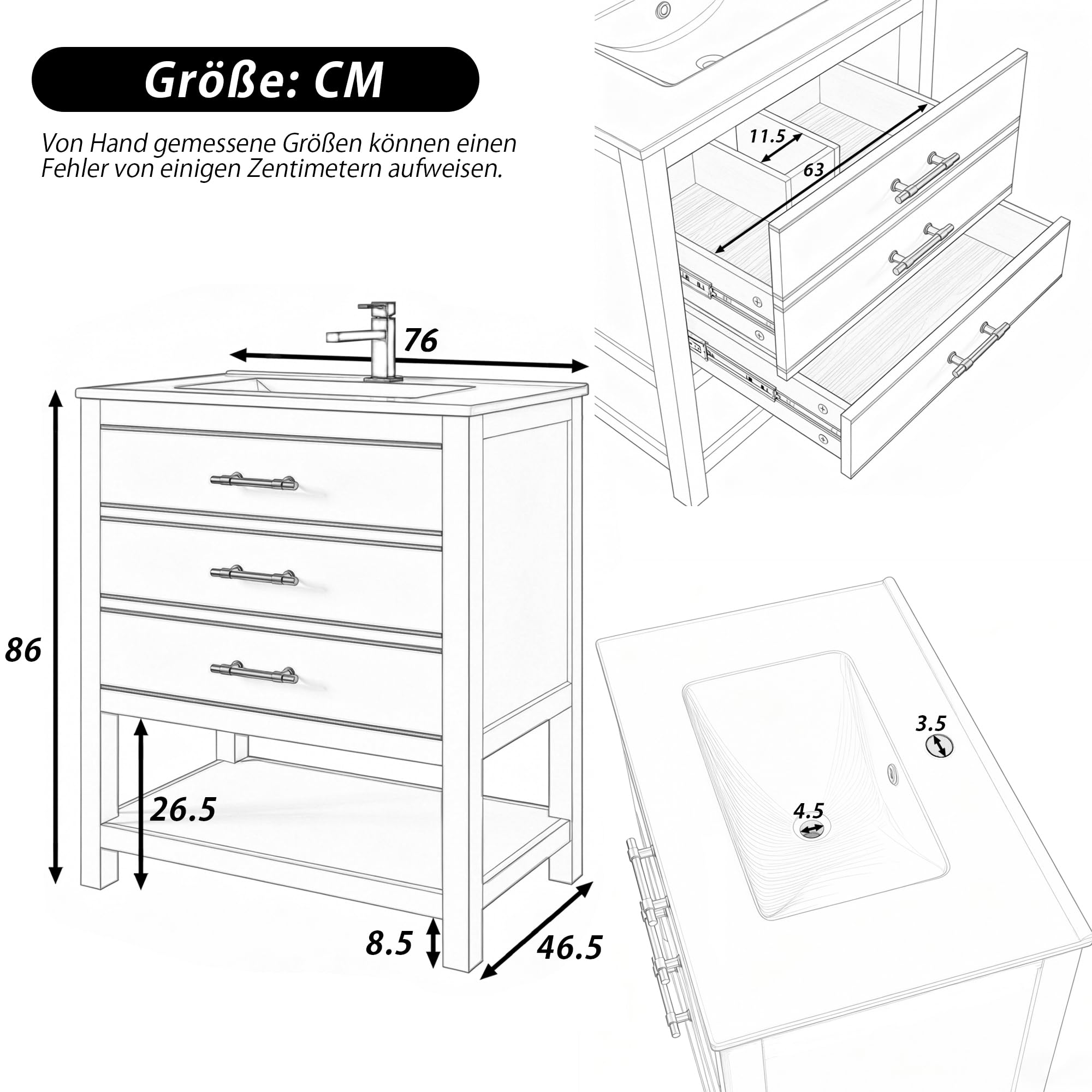 Lexiou Mueble de baño con lavabo de cerámica, mueble de baño independiente con 2 cajones y compartimento abierto, asas doradas, sin grifo ni desagüe (negro y azul)