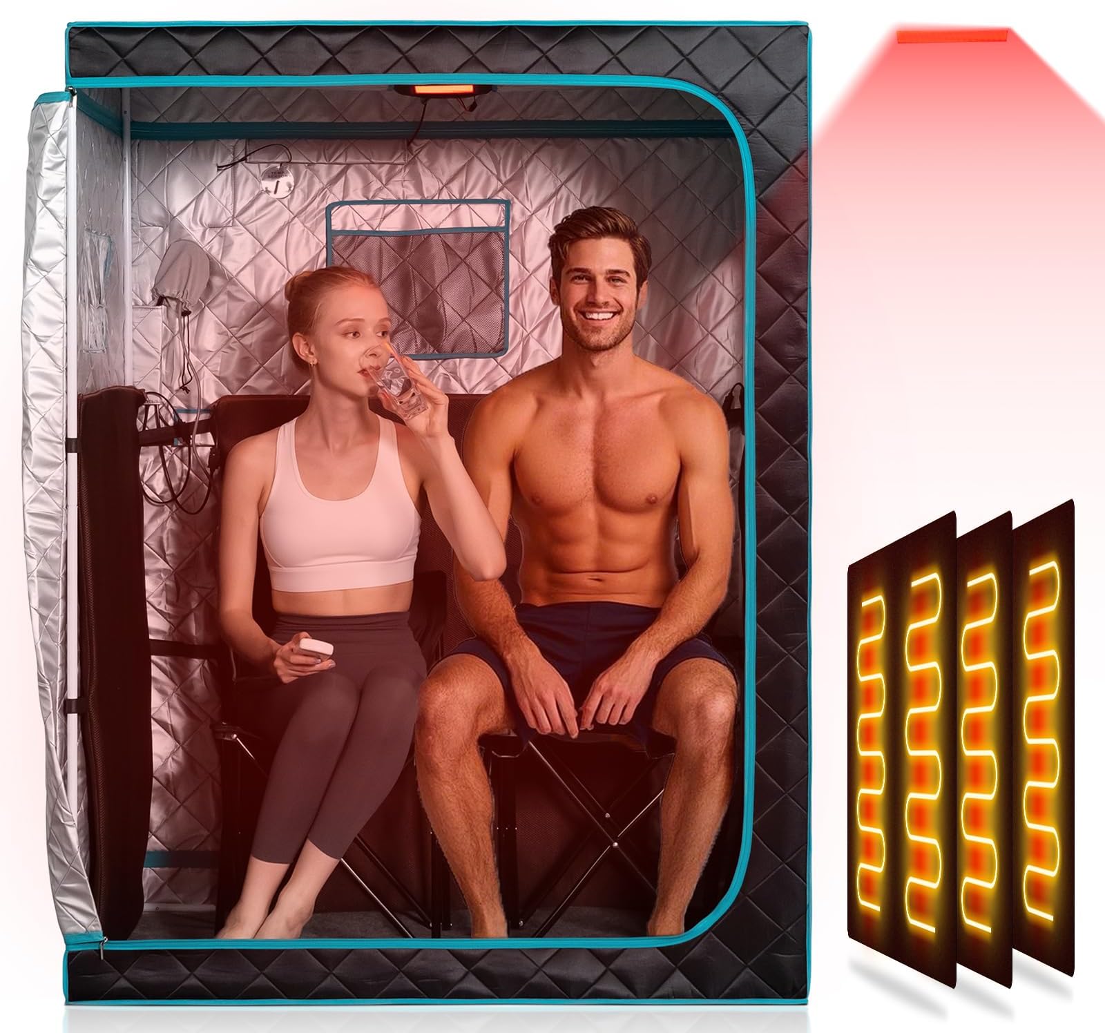 Smartmak Portable Far Infrared Sauna, Home Two Person Sauna Box with 660nm Red Light Therapy Lamp, X-Large Full Size Indoor SPA Tent for Body Recovery, Remote Control, 2 Folding Chairs, Blackgreen