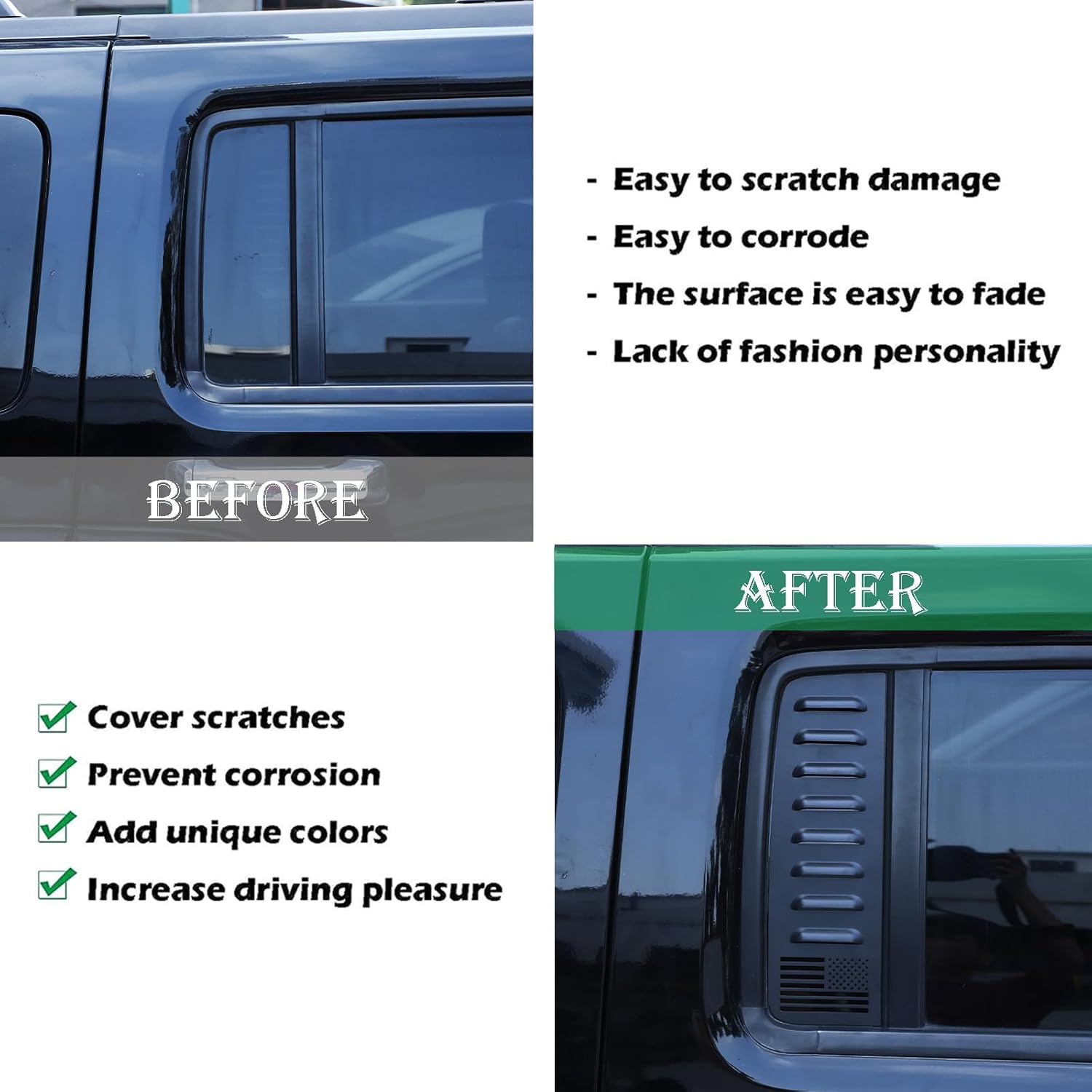 PIUGILH Car Rear Triangle Glass Decor Cover Compatible with Hummer H3 2005-2009, Aluminum Alloy Rear Door Window Decals Panel Cover, Black, 2PCS