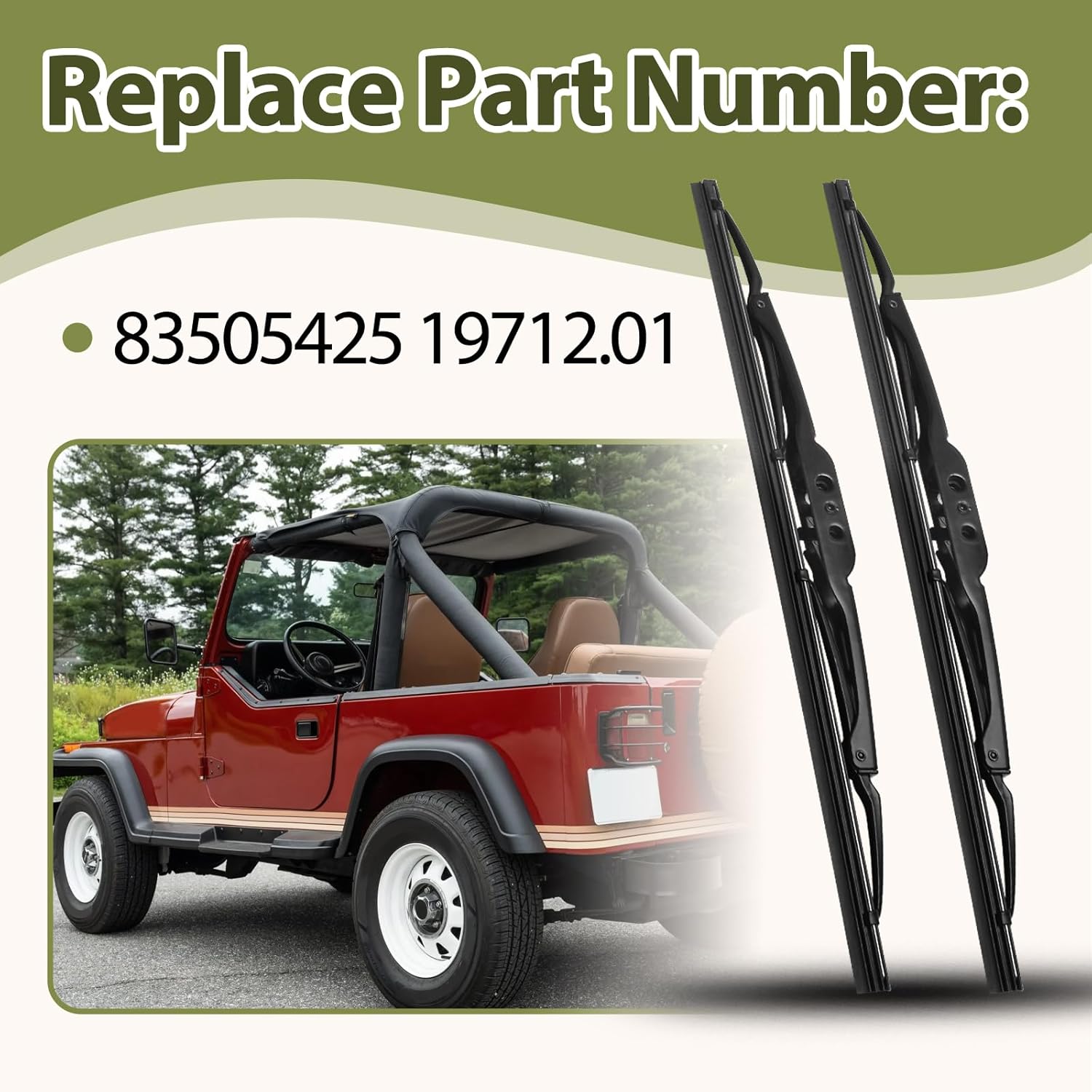 Pair of Front Windshield Wiper Blades Compatible with Jeep Wrangler YJ 1987-2006 Replace 83505425 19712.01, 2 Pcs Wiper Blade Set