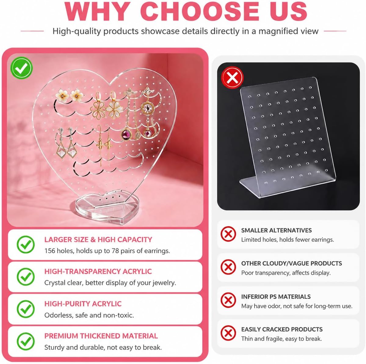 Heart-Shaped Acrylic Earring Holder – 156 Holes, Holds 78 Pairs (Studs, Dangles & Hoops), Large Display for Vanity, Present for Women & Girls (Heart shaped thickened base) image 5