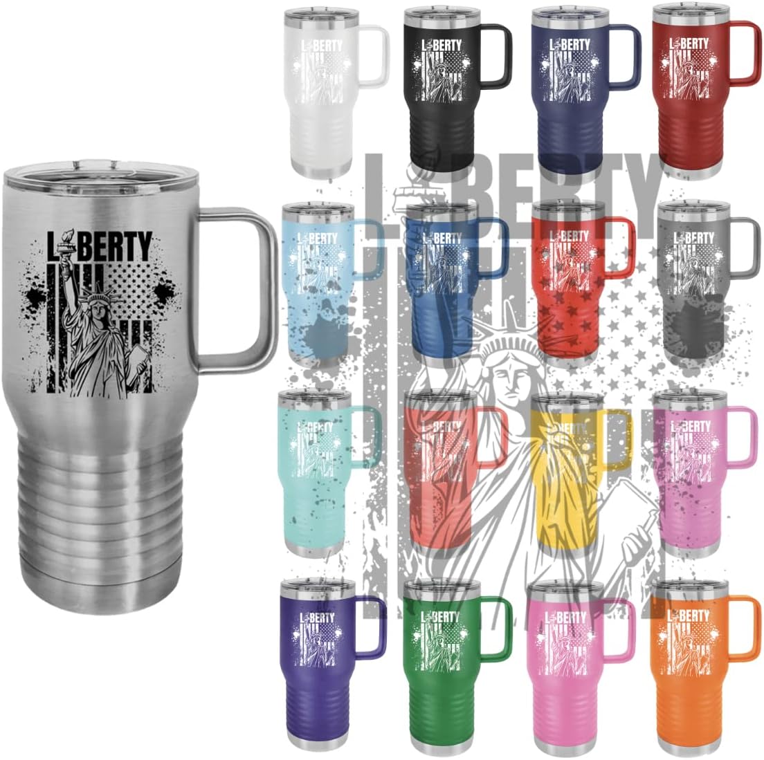 Patriotic White 20 oz. Polar Camel Travel Mug, Vacuum Insulated Double Wall Tumbler With Slider Lid & Handle, Laser Engraved With Lady Liberty. Perfect For Coffee & Travel! - Image 6
