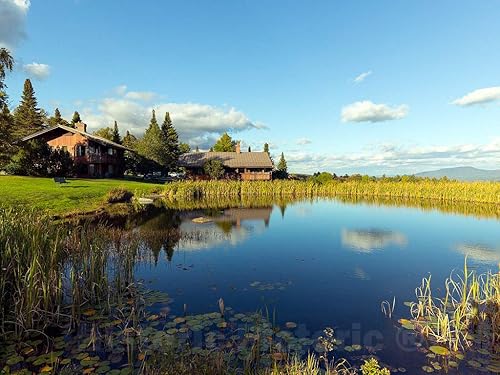 Foto histórica pictórica - Vista al lago en medio de casas de huéspedes debajo de la casa de familia Trapp en Stowe, Vermont- Fine Art Photo
