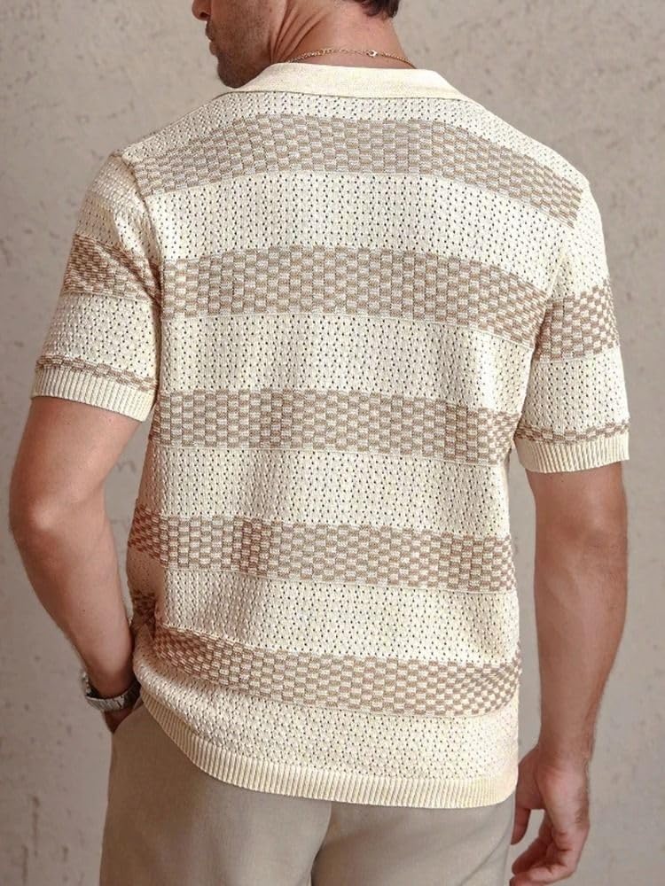 MORISTE Camicia Uomo a Righe Contrastanti Lavorata a Maglia, Colletto rivoltato Manica Corta Casual Top