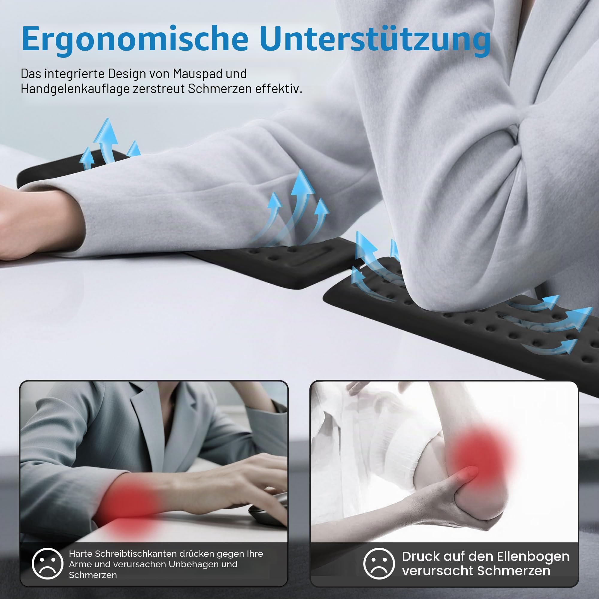 Handballenauflage Tastatur & maus L-förmige Armauflage Schreibtisch 30x10cm | Ergonomische Handgelenkauflage Memory-Schaum, Rutschfeste Schreibtischunterlage mit Kantenschutz für Unterarm & Ellbogen