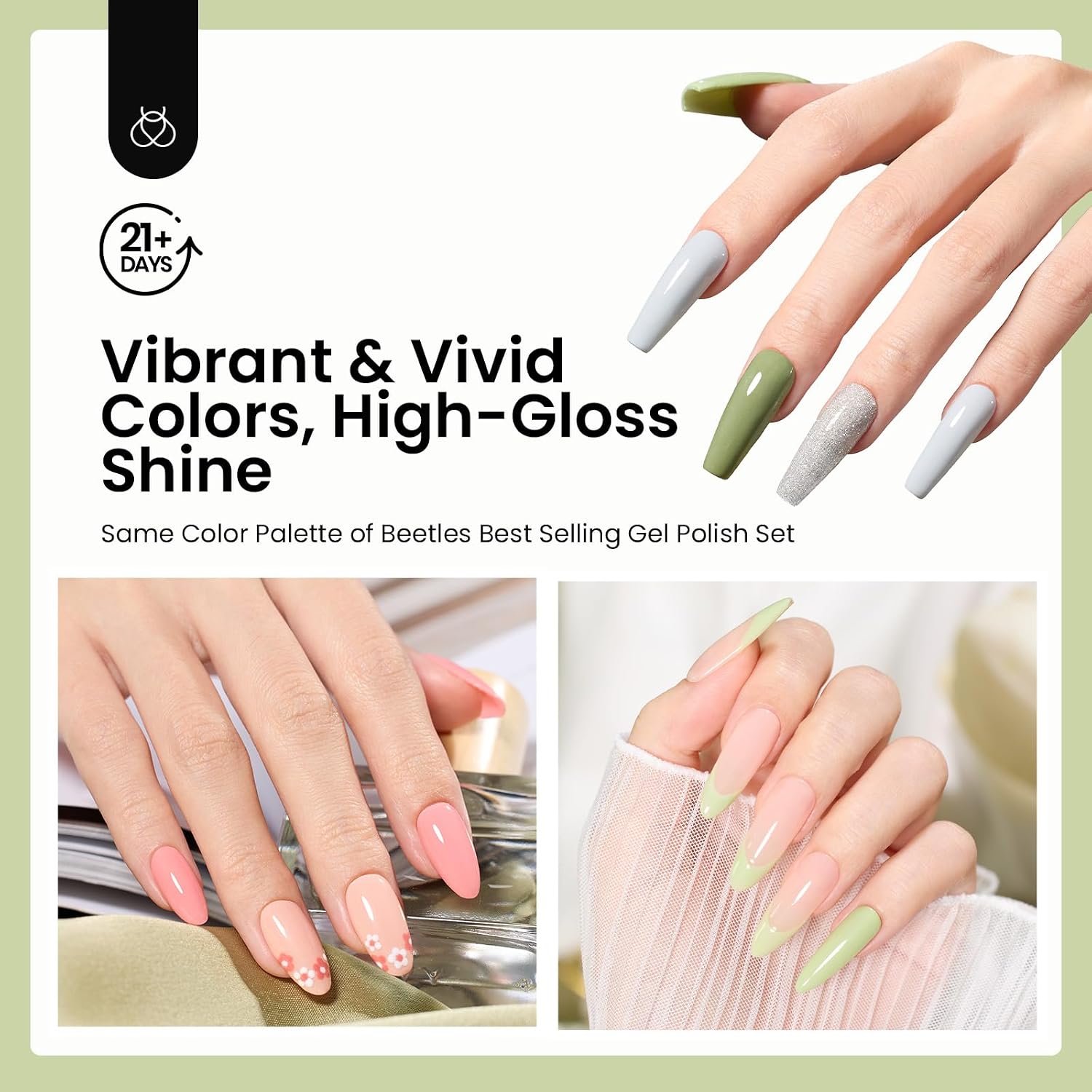 Beetles Dip Powder Nail Set, 6 Colors Green Glitter Nude Gray Spring Dipping Powder for French Nails Art Summer Manicure DIY Salon Women Gift Long-Lasting No Need Nail Lamp Cured