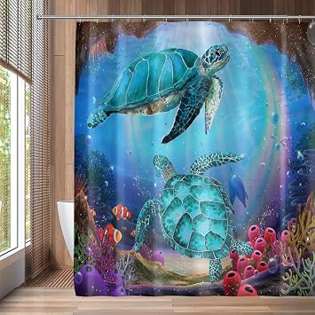 QZJDX Watercolor Sea Turtles Shower Curtain for Bathroom Blue Ocean Summer Nautical Underwater Landscape Marine Animals Decor Fabric Bath Curtains 60x70 Inches