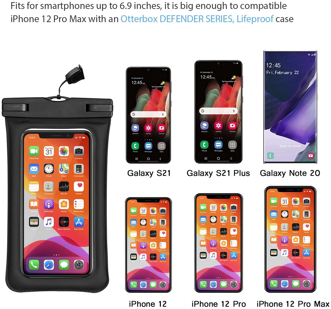IFCASE Universal Waterproof Case, TPU Phone Dry Bag Pouch for iPhone 14 Pro Max, 13 12 11, Samsung Galaxy S22 S21 S20 Plus, S22 S21 Ultra, Note 20 Ultra (Black)