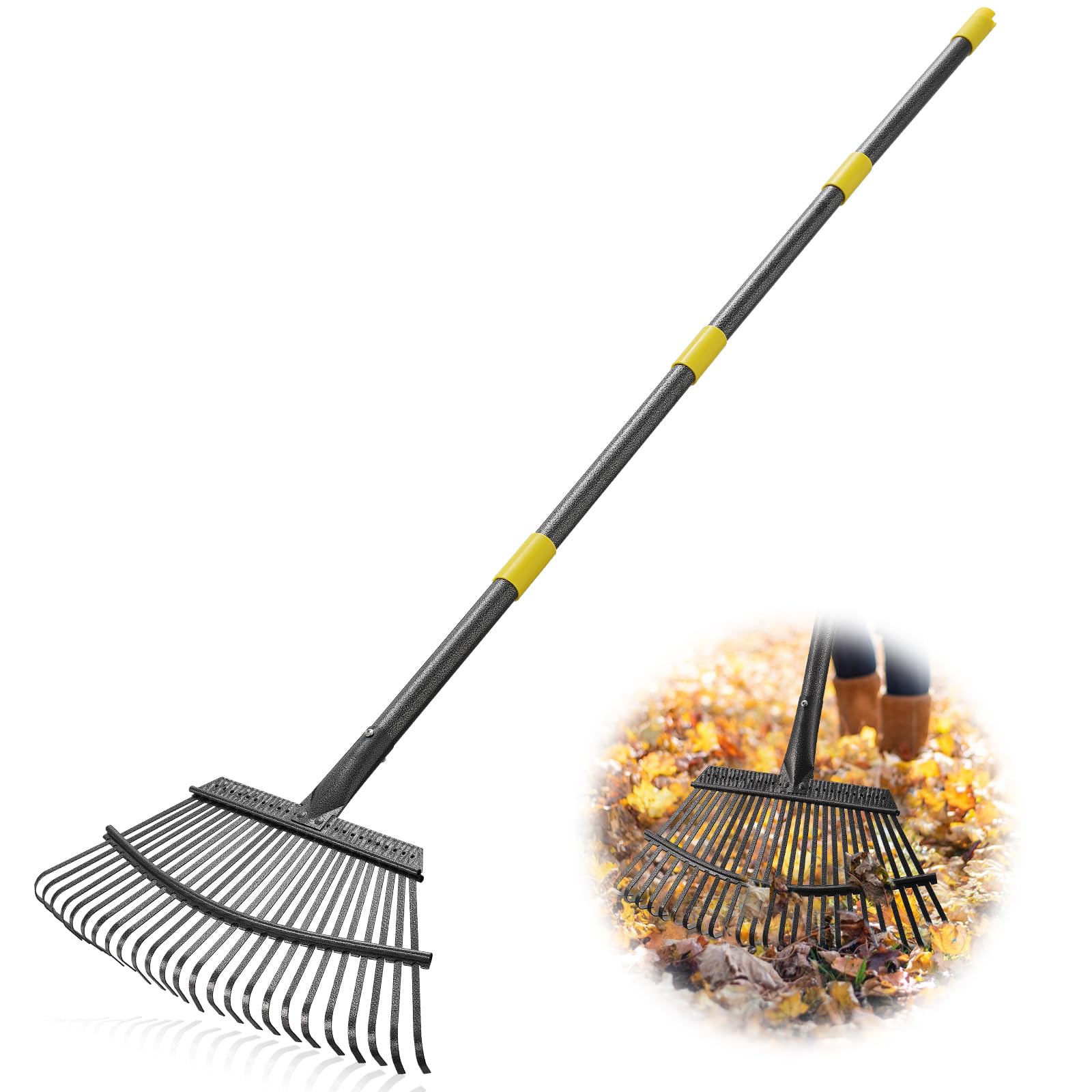 Metal Garden Rake, 6FT Rake for Leaves Lawns, 25 Metal Tines 18 inch Wide with Adjustable Handle Heavy Duty Yard Leaf Rakes for Gardening