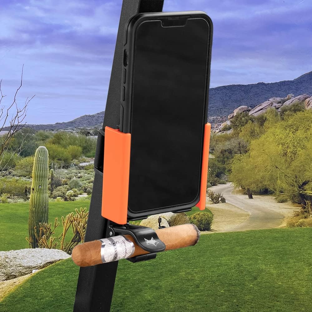 Desert Fox Golf Phone Caddy + Cigar Holder – Adjustable Golf Cart Phone Mount with Secure Cigar Clip – Hands-Free GPS & Golf App Access – Fits All Phones & Cigars (Orange)