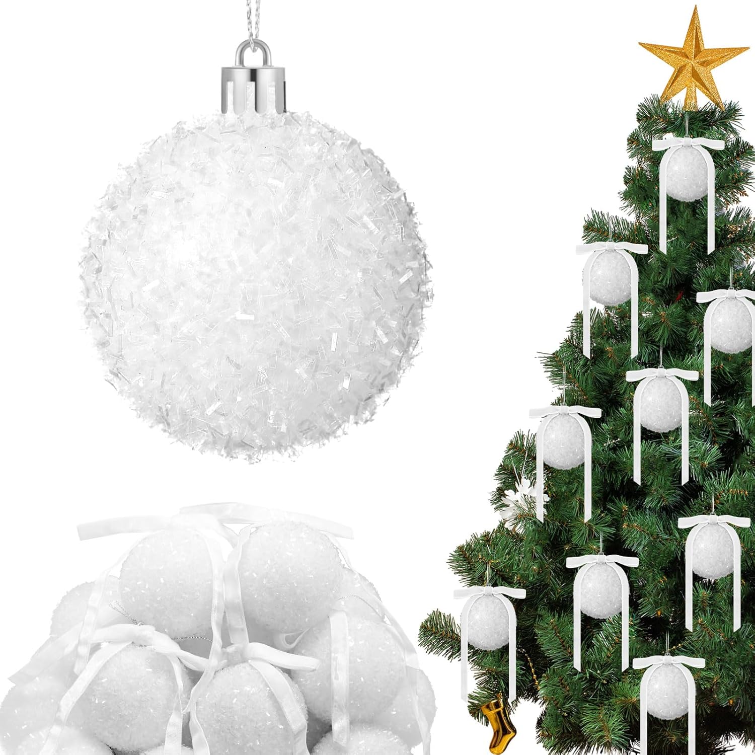 Wesiti 24 Sets 2.6 Inch Red Glitter Christmas Ball Ornament Set 24 Sparkly Shatterproof Tinsel Ball Ornament with 24 Bow Sequin Hanging Xmas Tree Decoration Indoor Outdoor for Xmas Wedding Decor