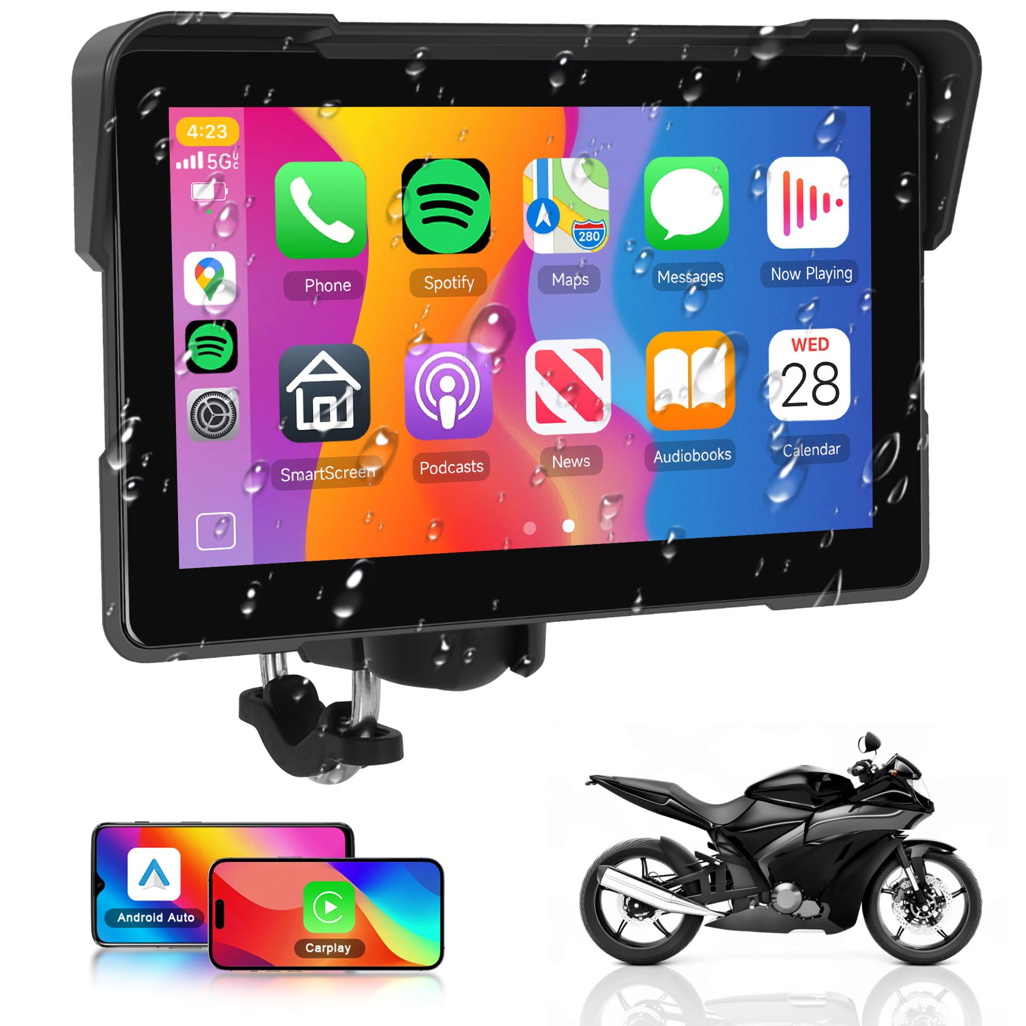 Rimoody Wireless Carplay Motorbike Navi Android Auto, 7 Pollici Touchscreen Autoradio Portatile per Moto, Wireless Carplay Display con Airplay/Android Cast/Dual Bluetooth/Navigazione/IP67 Impermeabile