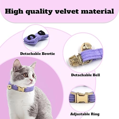 Miniatura 2 de Personalized Cat Collar with Pet Name Phone Number Engraved Metal Buckle, Customized Adjustable Velvet Collars with Bell for Kittens