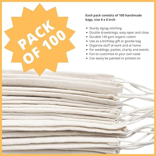 Miniatura 4 de Bolsas de cordón 100% algodón al por mayor  Calidad resistente paquete de 100  Tamaño 6 x 8 (algodón natural sin blanquear  doble cordón)