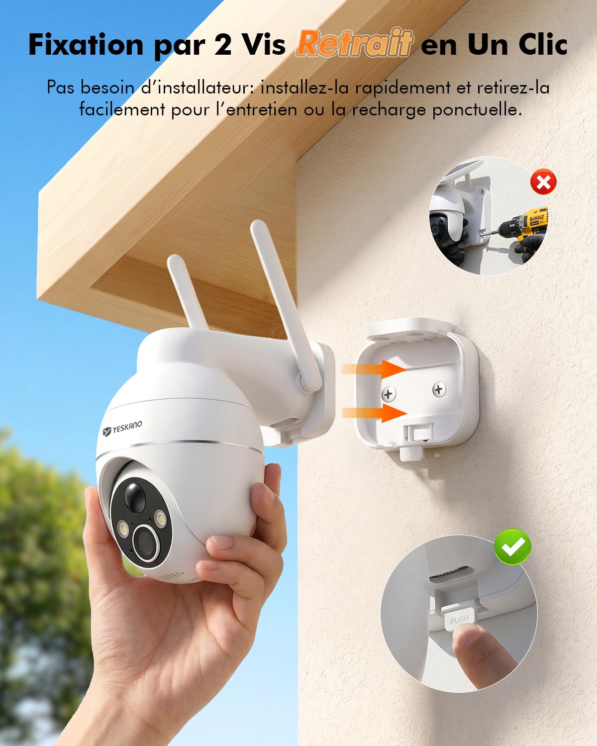 YESKANO 2K Camera Surveillance WiFi Exterieure Sans Fil Solaire, Caméra Extérieure Solaire 360° PTZ, avec Panneau Déporté 2M, Vision Nocturne Couleur, Détection PIR, Audio 2 Voies, 2,4 GHz, IP66 Blanc