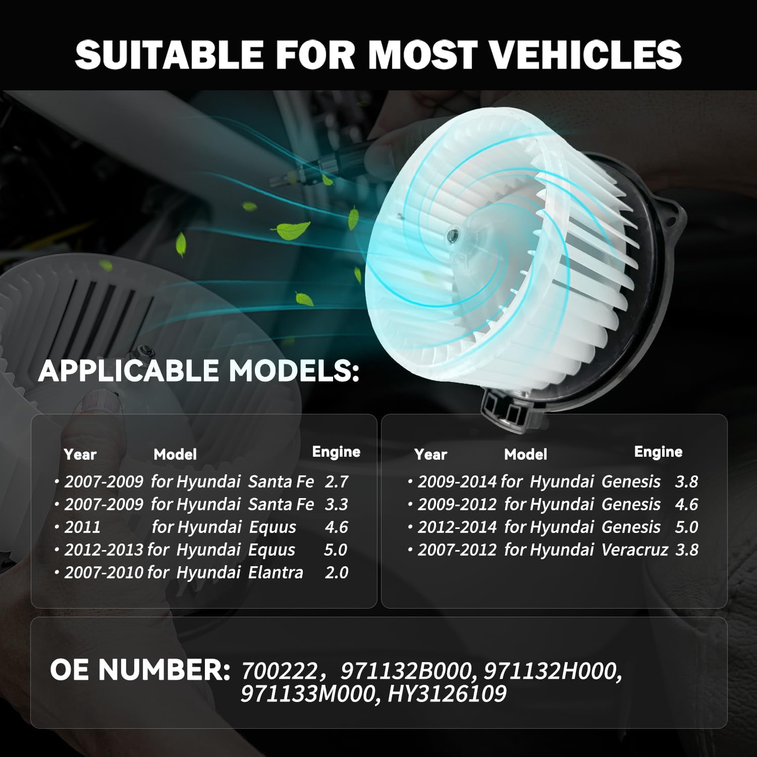 Front 700222 AC Heater Blower Motor Fan Fit for Hyundai Elantra 2007-2010, Equus 2011-2013, Genesis 2009-2014, Santa FE 2007-2009, Veracruz 2007-2012 SK819165, BM00153C, 32A1005, 32A1015
