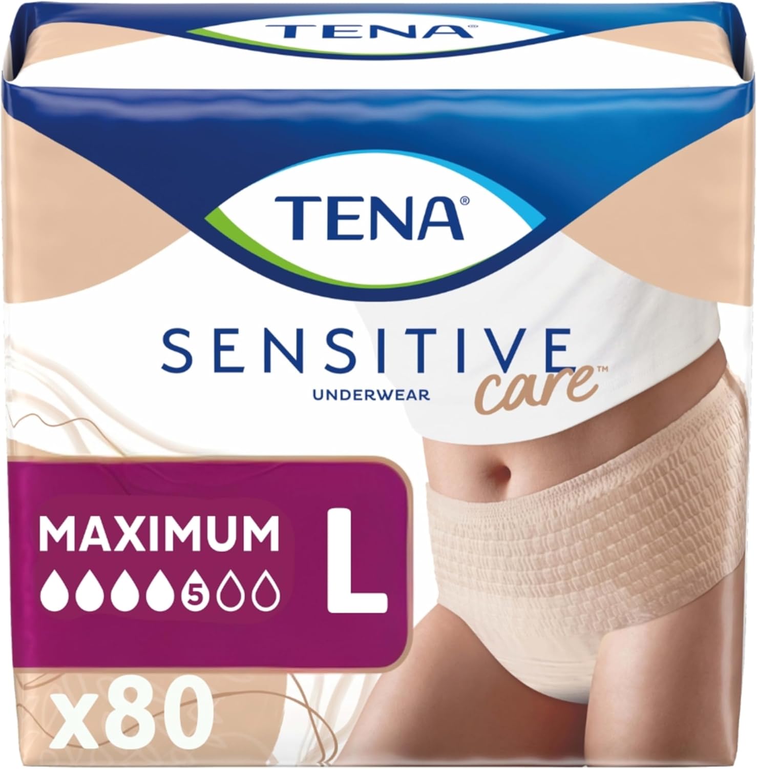 TENA Sensitive Care Adult Incontinence Underwear for Women, Maximum, Large, Beige, Disposable, 80 Count (4 Packs of 20) Large 80