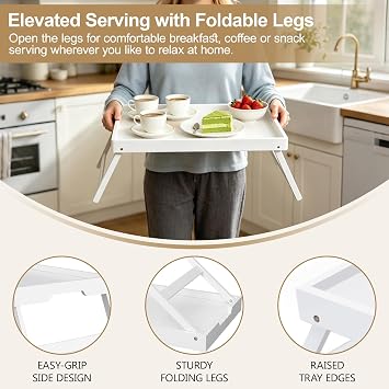 Artmeer 2 Pack Extra Large Bamboo Bed Tray Tables with Folding Legs, White