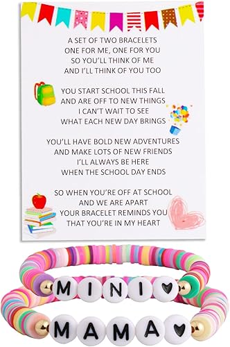 QqzsJewls Regalos para el primer día de clases para madre e hija de regreso a clases, juego de 2 pulseras de corazón a juego para mamá e hija