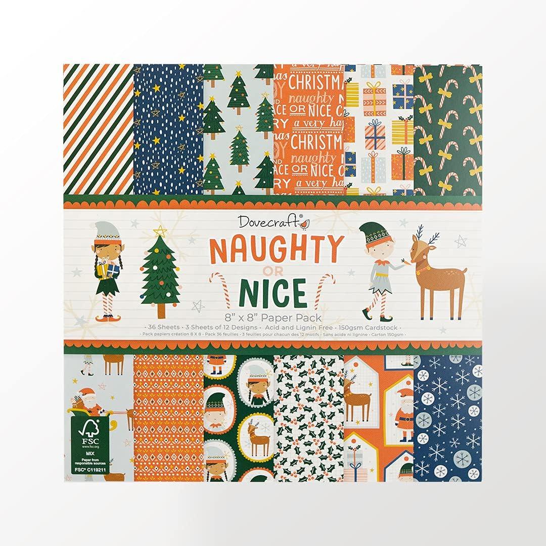 DovecraftDCPAP186X21-Dovecraft Christmas Naughty or Nice FSC 8x8 Paper Pack, Multi, One
