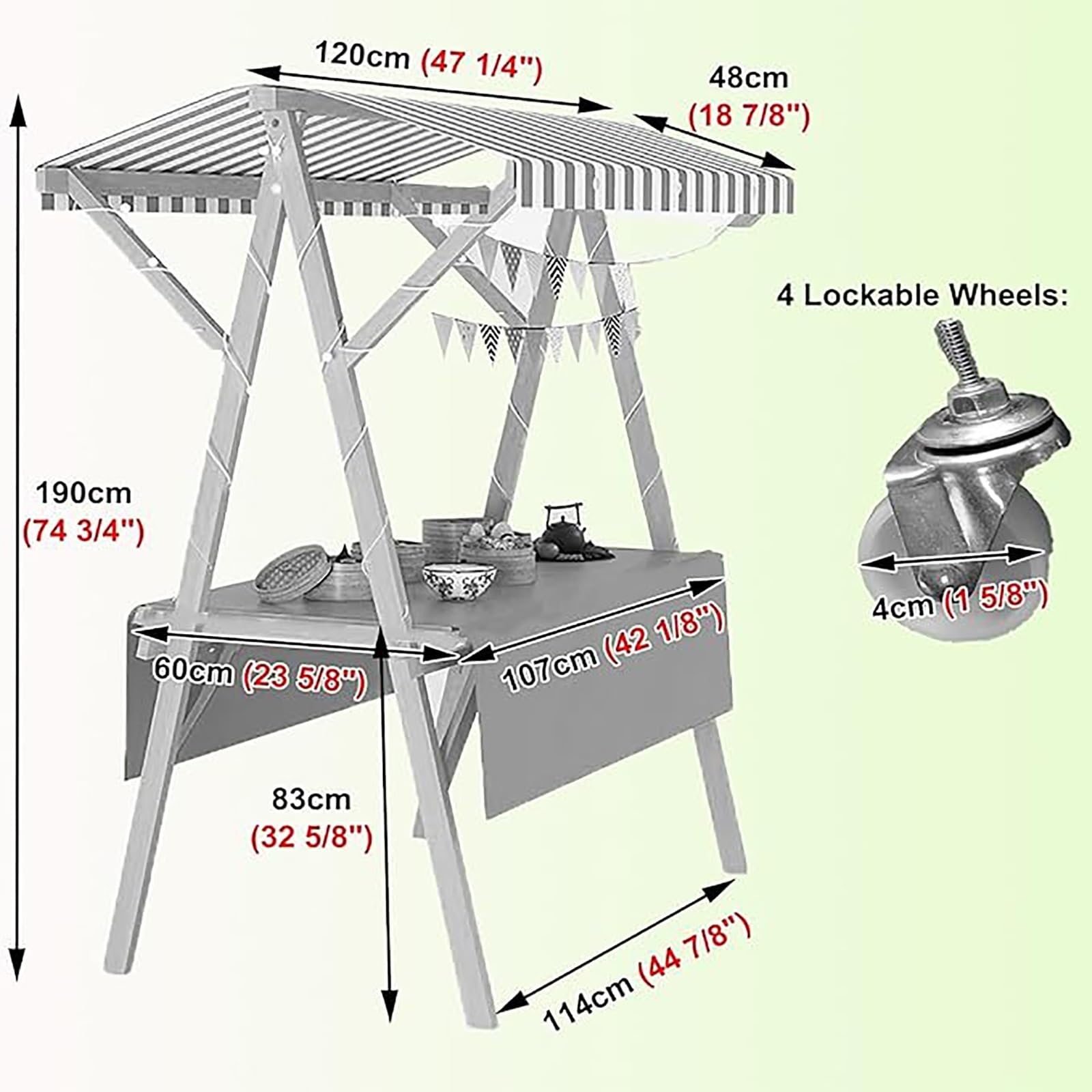 Generico Carrello portavivande Pieghevole Leggero con Tenda da Sole - Bancarella Portatile per mercati agricoli, Gelati, attività di Food Truck, bancarella di Cibo da Strada, Facile da Montare e tras