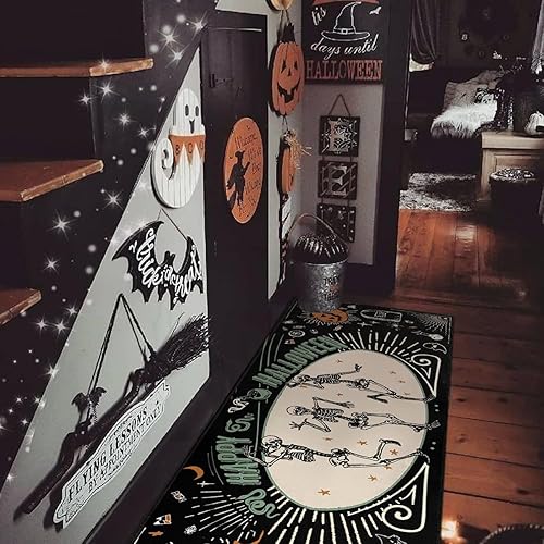 Miniatura 5 de Faptoena Juego de 2 tapetes de cocina de Halloween, diseño de esqueleto espeluznante, antideslizantes, lavables para decoración del hogar,