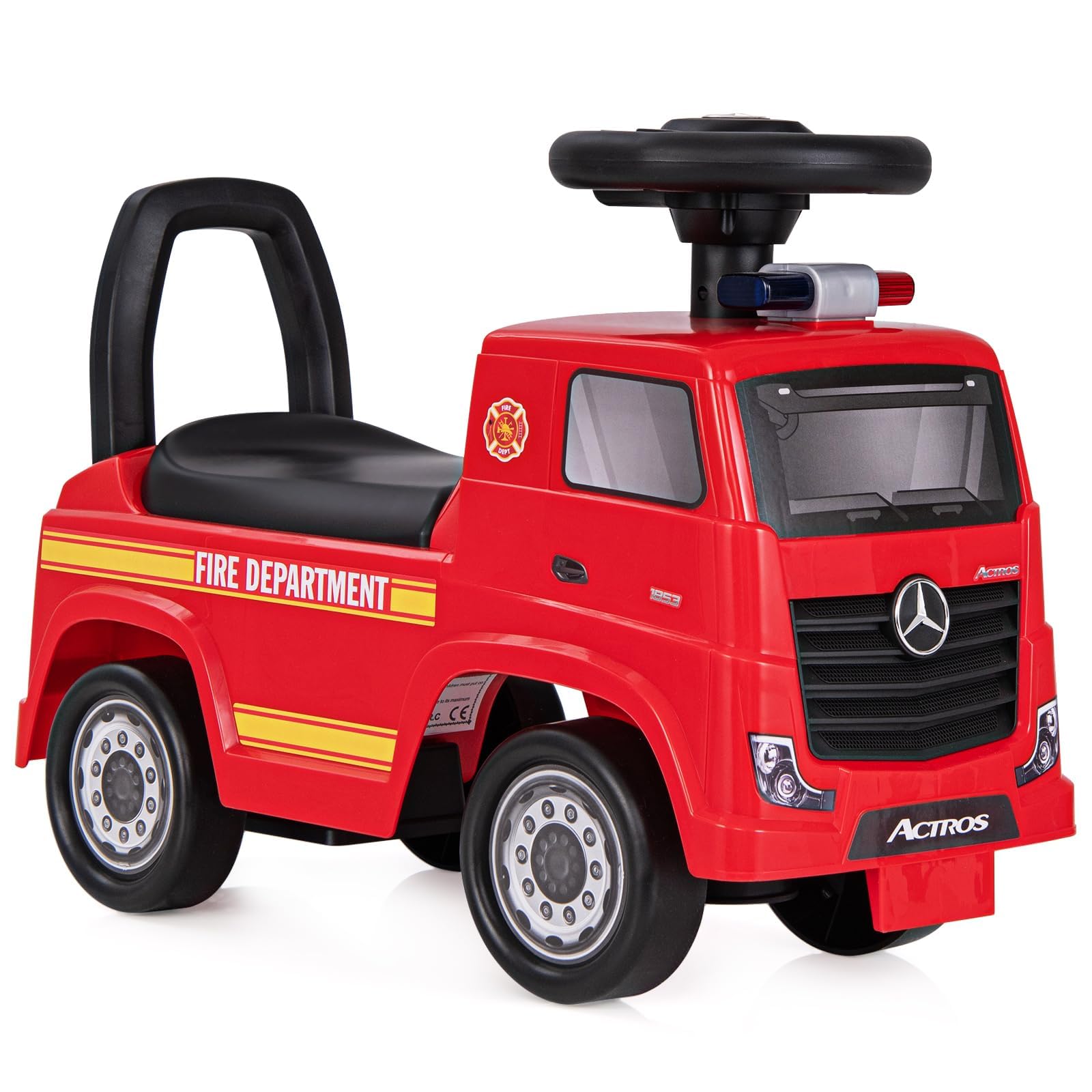 COSTWAY Mercedes Benz Rutschauto, Schiebeauto mit Stauraum & Musik & Hupe & Kippschutz, Kinder Rutscher Feuerwehrauto mit Warnlampe für Kinder ab 2 Jahren, Rot