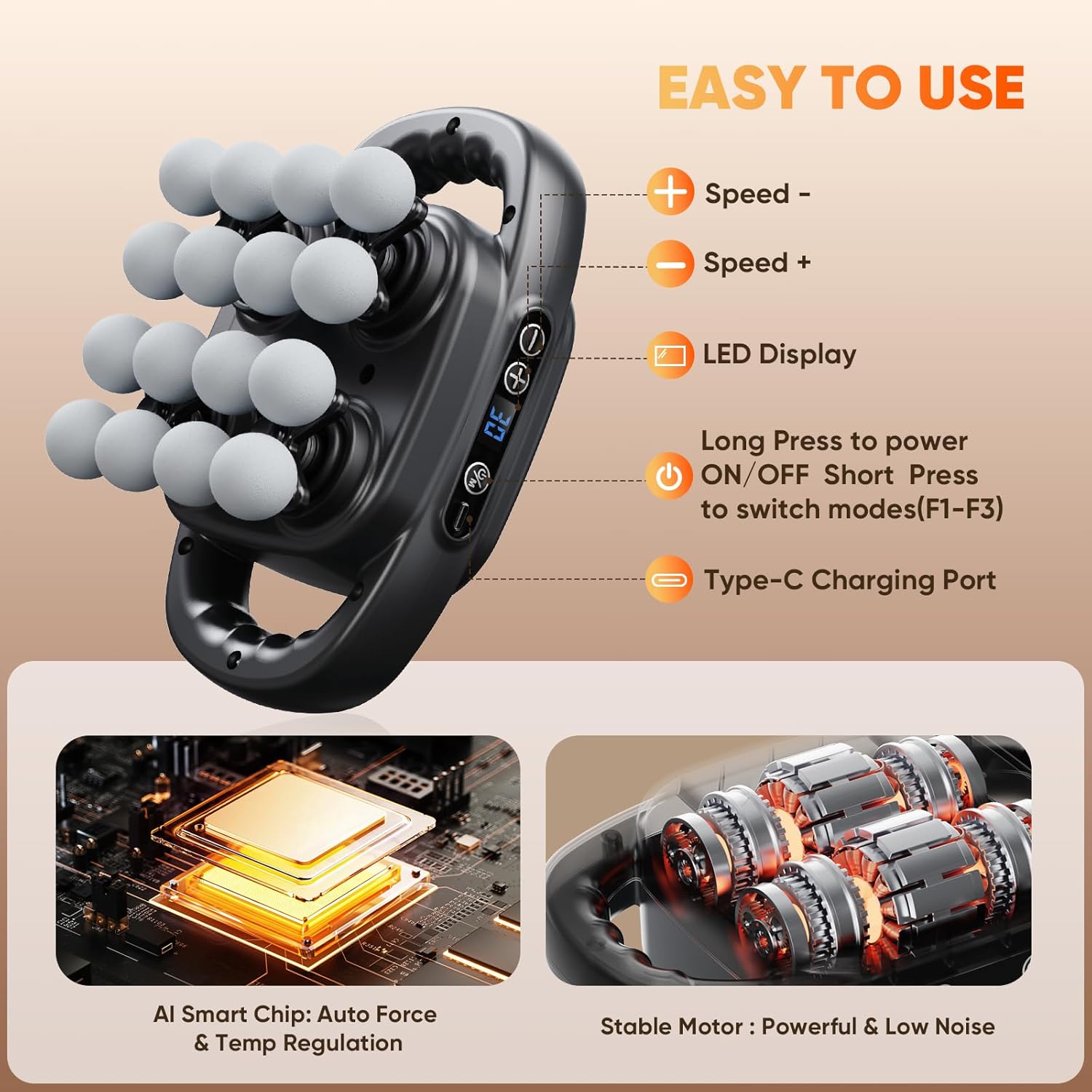 HOTU Massage Gun Deep Tissue, 16-Head Back Massager for Body Muscle Pain Relief, 3 Modes & 30 Intensities Portable Electric Quiet Multi Mini Handheld Percussion Massagers Leg/Waist/Shoulder/Hip/Foot