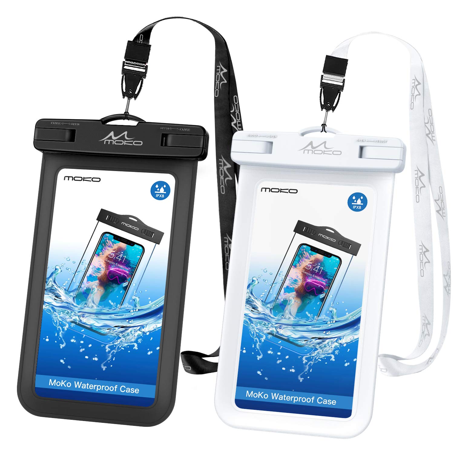 MoKo Waterproof Phone Pouch 2Pack, Underwater Phone Case Dry Bag with Lanyard Compatible with iPhone 14 13 12 11 Pro Max X/Xr/Xs, SE 3/2, Galaxy S22/S21/20, Note 20/10, HUAWEI P50, Black+White