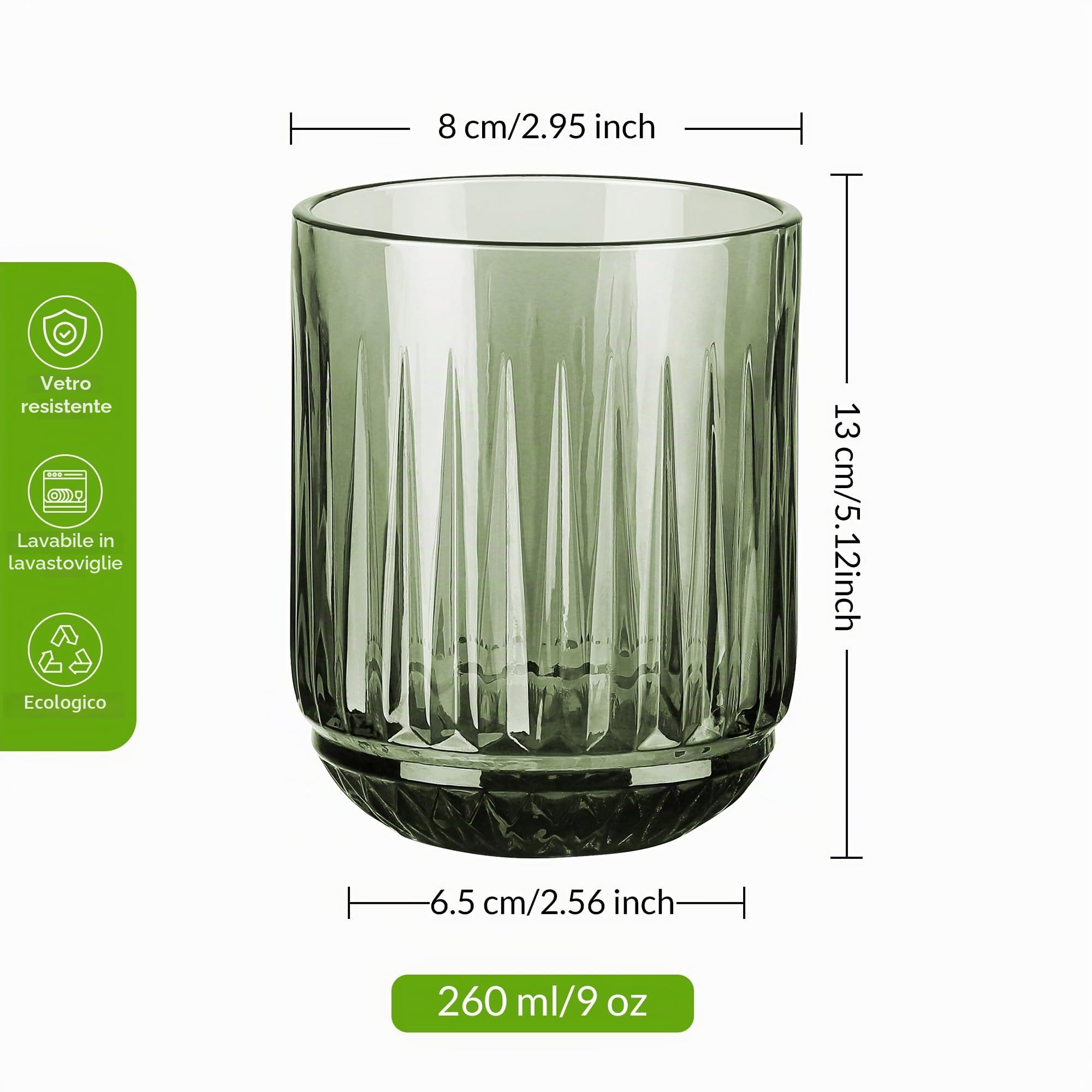 Joeyan 26cl Multicolore Bicchieri da Acqua in Vetro, Set di 4 Tumbler con Costolature Rilievo Per Acqua Gassata,Aperitivo,Succo di Frutta e Bibite, Lavabile in Lavastoviglie (Verde Rosa Blu Grigio)