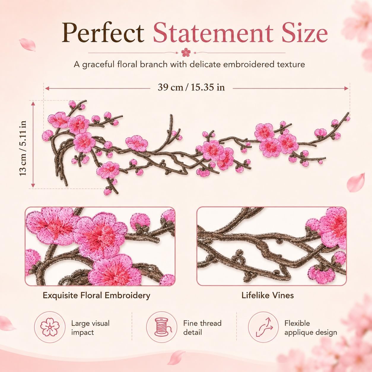 Cherry Blossom Iron On Patches, 5PCS Embroidered Flower Appliques