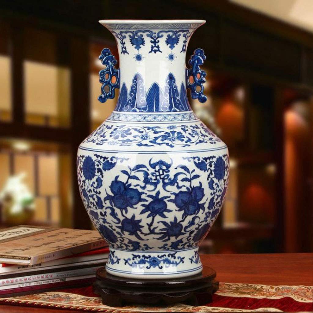 asdchZen Antique Hand-Painted Blue And White Porcelain Binaural Vases For Flowers, Chinese Vase 44 * 32Cm