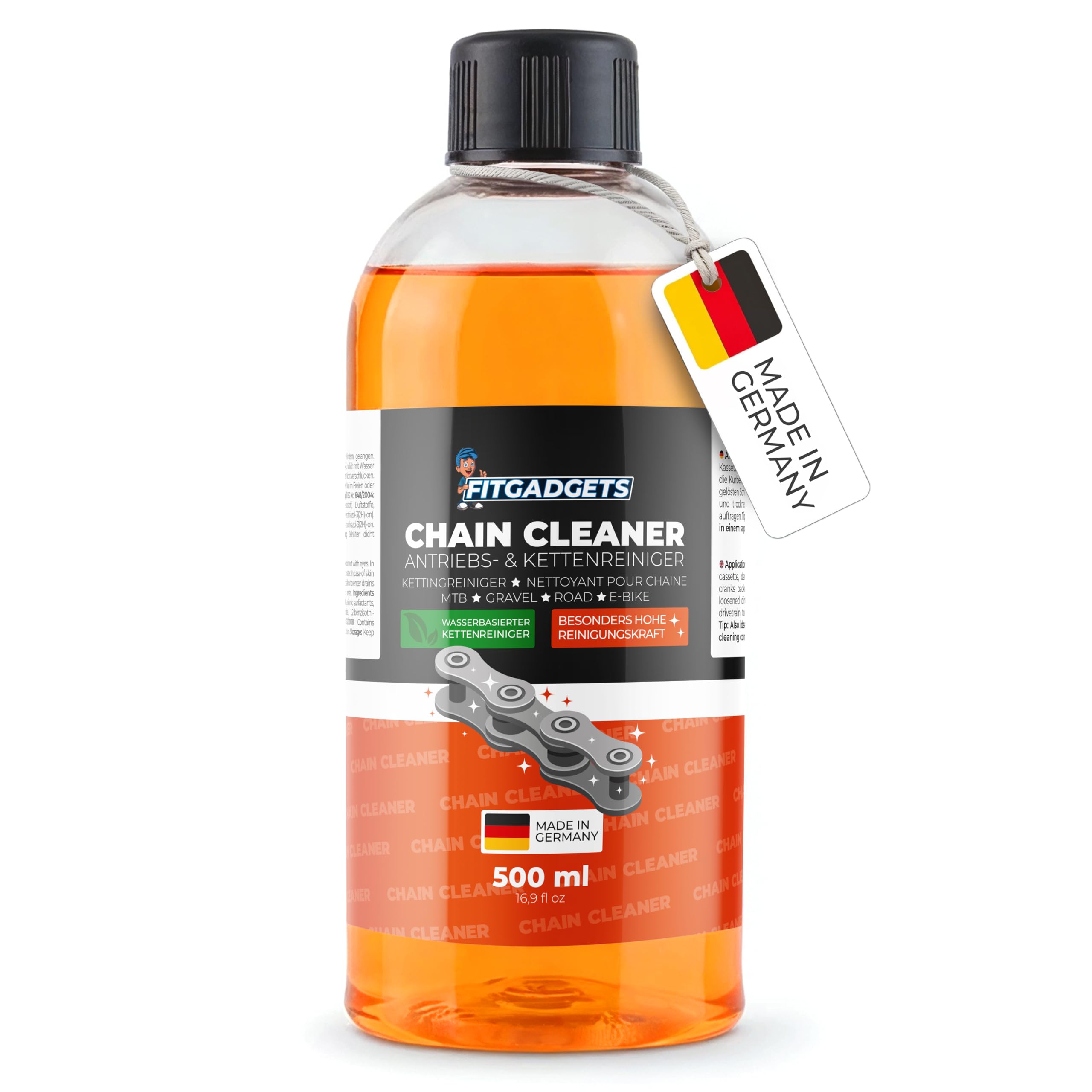 Fitgadgets Środek do czyszczenia łańcucha rowerowego 500 ml (butelka z napełnieniem) - Środek do czyszczenia napędu i łańcucha z cytrusowym zapachem dla e-bike, MTB, Gravelbike i rowerów szosowych