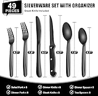 Vista 2 de Juego de cubiertos negros de 49 piezas con organizador, juego de cubiertos de acero inoxidable resistente para 8, juego de utensilios de cuchillería