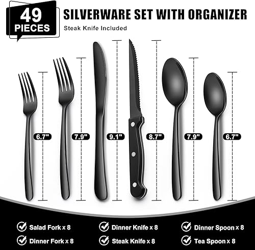 Miniatura 2 de Juego de cubiertos negros de 49 piezas con organizador, juego de cubiertos de acero inoxidable resistente para 8, juego de utensilios de cuchillería