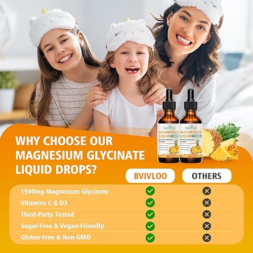 Miniatura 7 de Líquido de glicinato de magnesio, gotas líquidas de magnesio de alta absorción con fibra de celulosa, bromelina, vitaminas B6 C D y zinc, suplemento