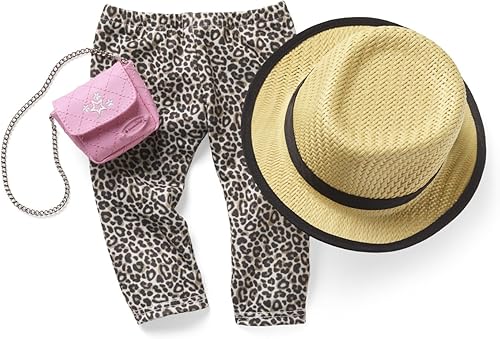 American Girl Truly Me - Accesorios para muñecas de 18 pulgadas, pantalones con estampado de leopardo, pantalones rosas y sombrero de paja con