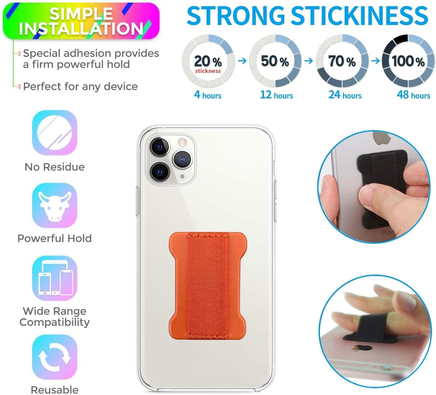 Finger Strap Phone Holder - Ultra Thin Anti-Slip Universal Cell Phone Grips Band Holder for Back of Phone - 2Pack，BlackOrange image 2