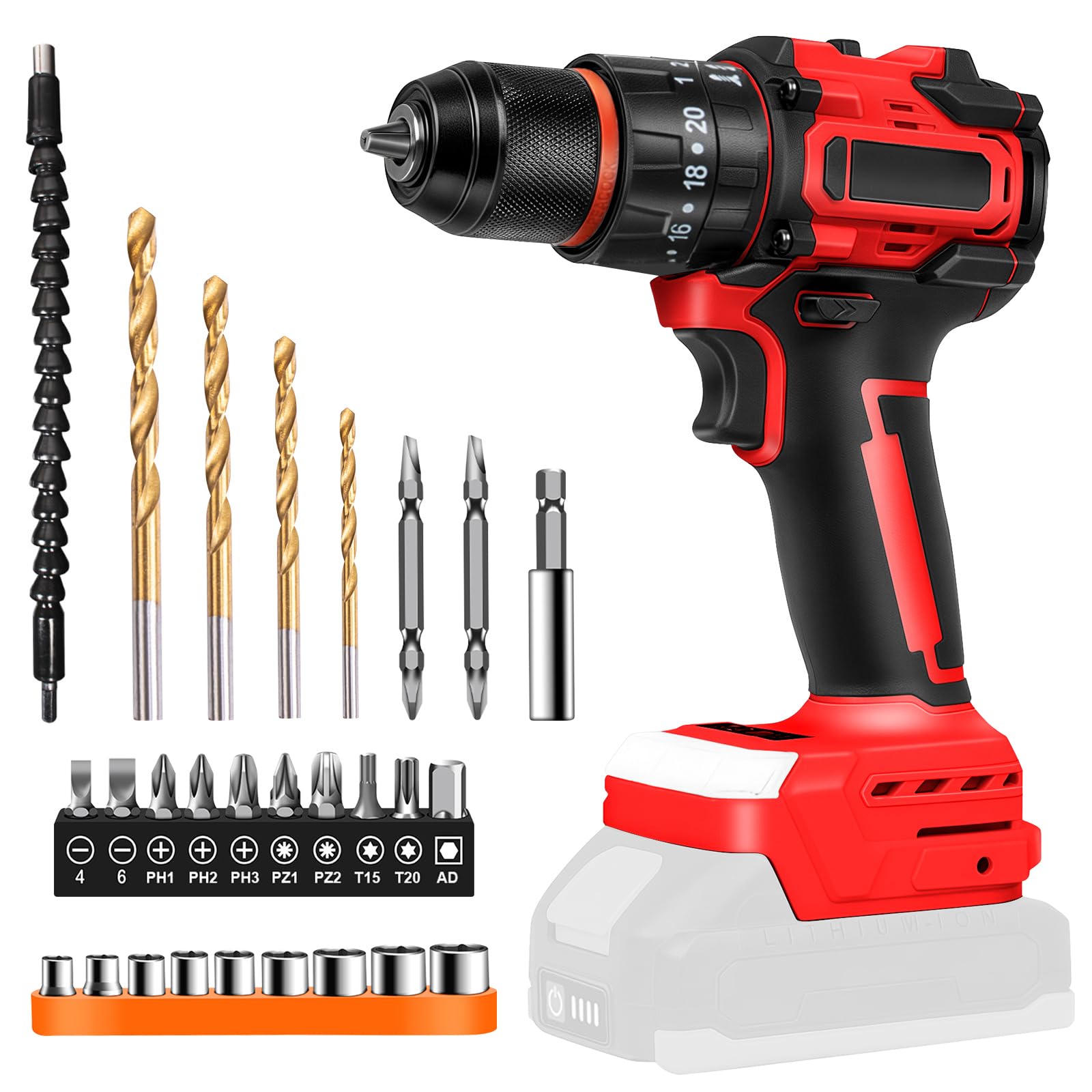 Set trapano avvitatore a batteria 2 in 1, compatibile con Milwaukee 18 V M18 (senza batteria), piccolo trapano avvitatore a percussione, 27 accessori, regolazione della coppia 25+3, mandrino da 10 mm