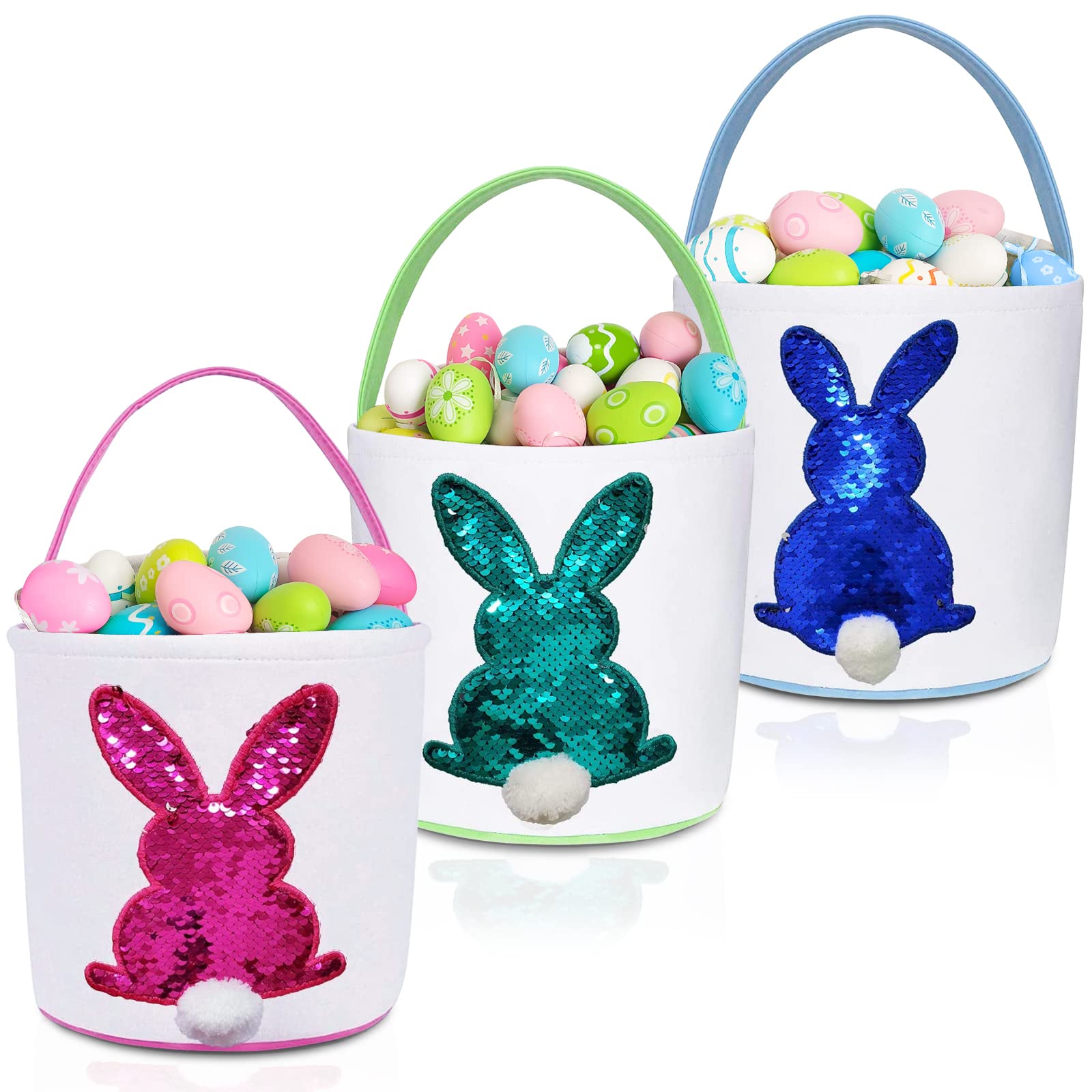 Easter Bunny Baskets for Kids, 3 Pack Canvas Easter Eggs Hunt Bag