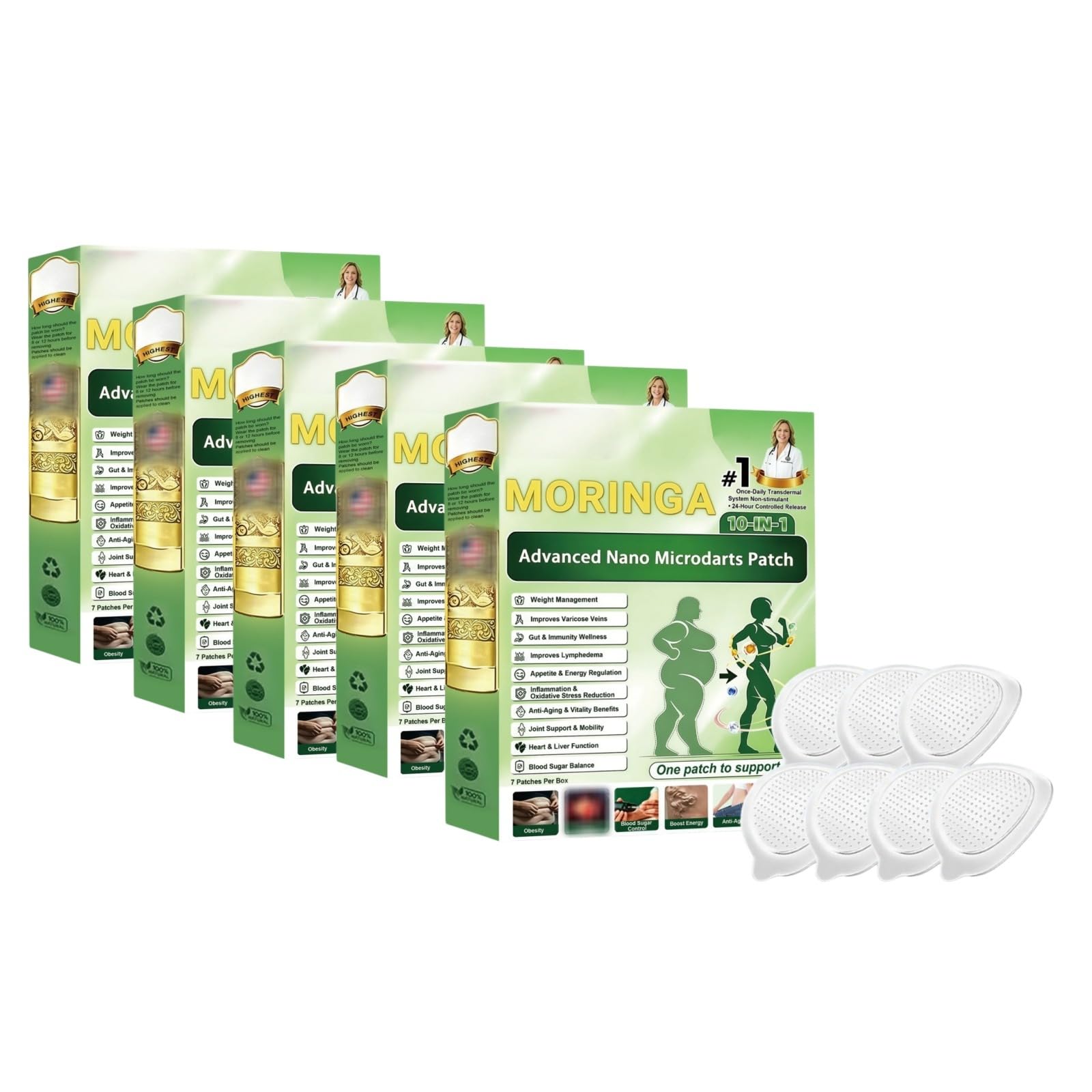 Moringa 10 in 1 Patches,Advanced Nano Microneedle Patch, Patch dimagrante naturale per perdita di peso, pancia piatta, facile da applicare, invisibile, da uomo e donna, patch per tutti i tipi di corpo
