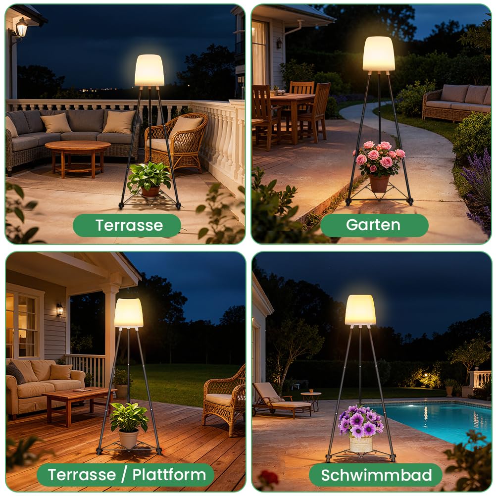 OUSFOT Solar Stehlampe Outdoor mit Blumenständer, RGB und Warmweiß, Wasserdicht Akku Stehlampe Kabellos für Nachhaltige Terrasse Beleuchtung, Solar Stehleuchte für Garten, Swimmingpool, Innenhöfe